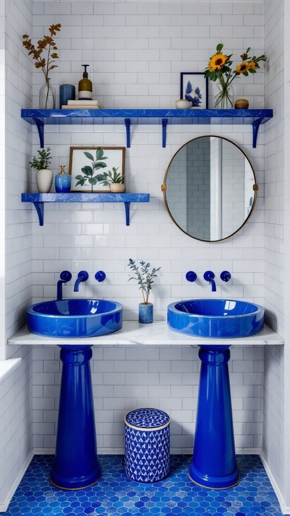 A stylish bathroom with cobalt blue sinks, blue shelves, and decor against white tiles.