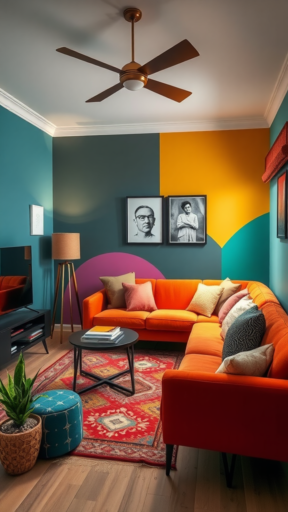 A vibrant small living room featuring colorful accent walls and an orange couch.