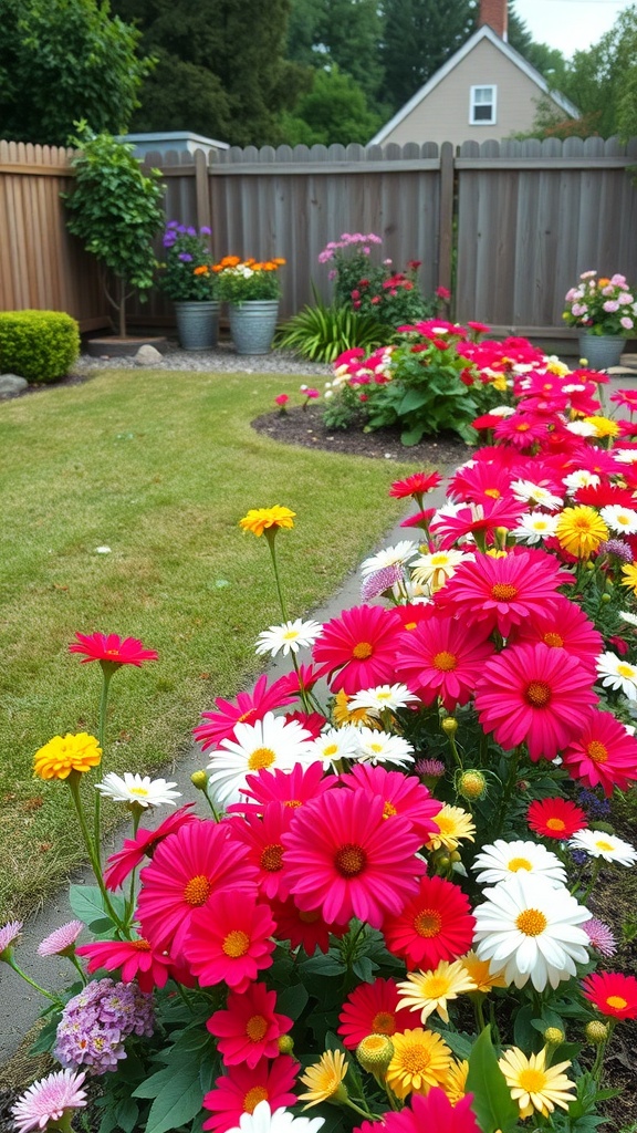 A vibrant flower bed with pink, yellow, and white flowers in a backyard setting.