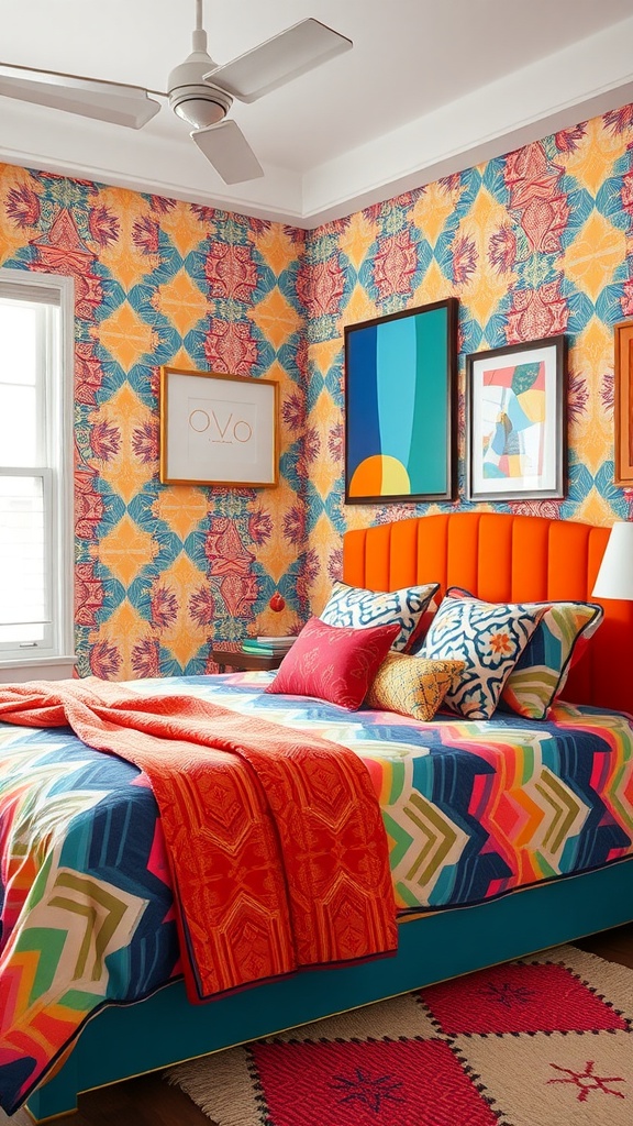 A vibrant teen girl's bedroom featuring colorful geometric patterns on the walls and bedding.