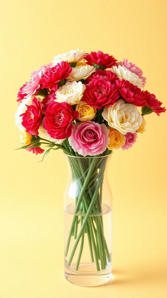 A vibrant bouquet of mixed carnations in shades of red, pink, and yellow