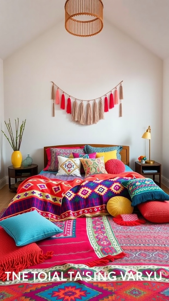 A boho bedroom showcasing colorful throw pillows and blankets