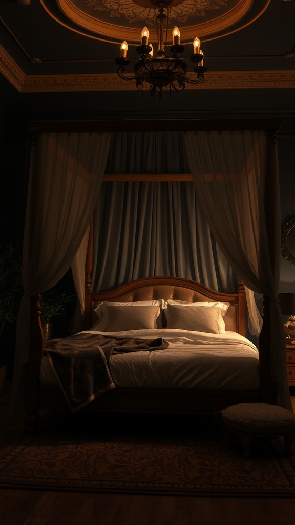 A cozy dark bedroom with a canopy bed, soft drapes, and warm lighting.