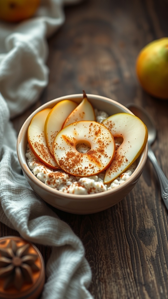 Bowl of pear gingerbread overnight oats topped with sliced pears and cinnamon