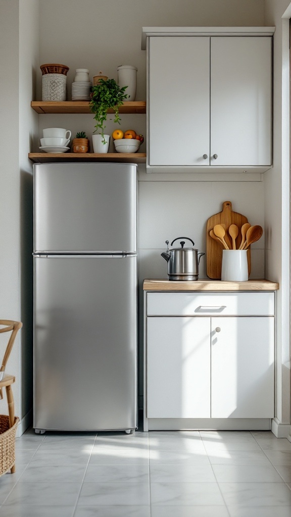 Compact kitchen with a silver refrigerator, wooden accents, and open shelving