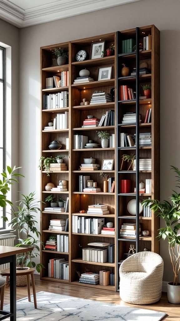 A tall wooden bookshelf with folding ladders, filled with books and decorative items, in a well-lit room.