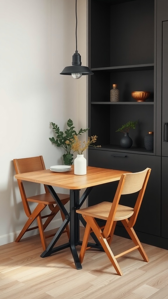 Compact corner dining nook with wooden table and chairs, featuring a stylish light fixture.