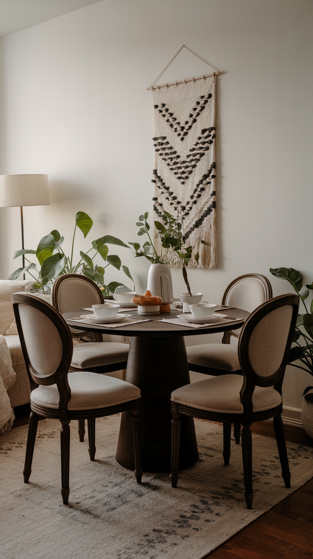 A cozy dining setup featuring a round table with soft chairs, surrounded by plants and decorative wall art.