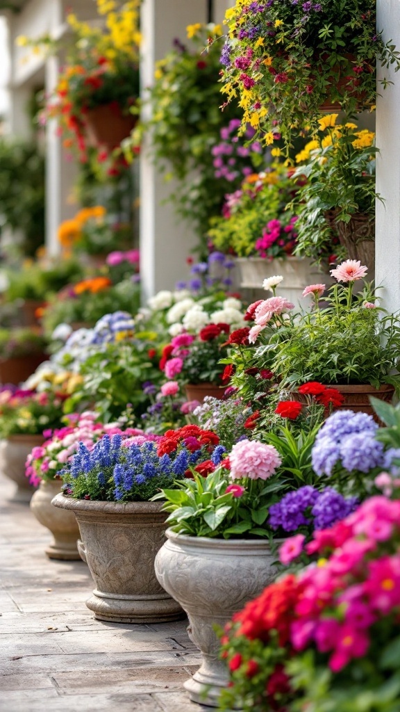 Colorful flower pots filled with seasonal blooms in a garden