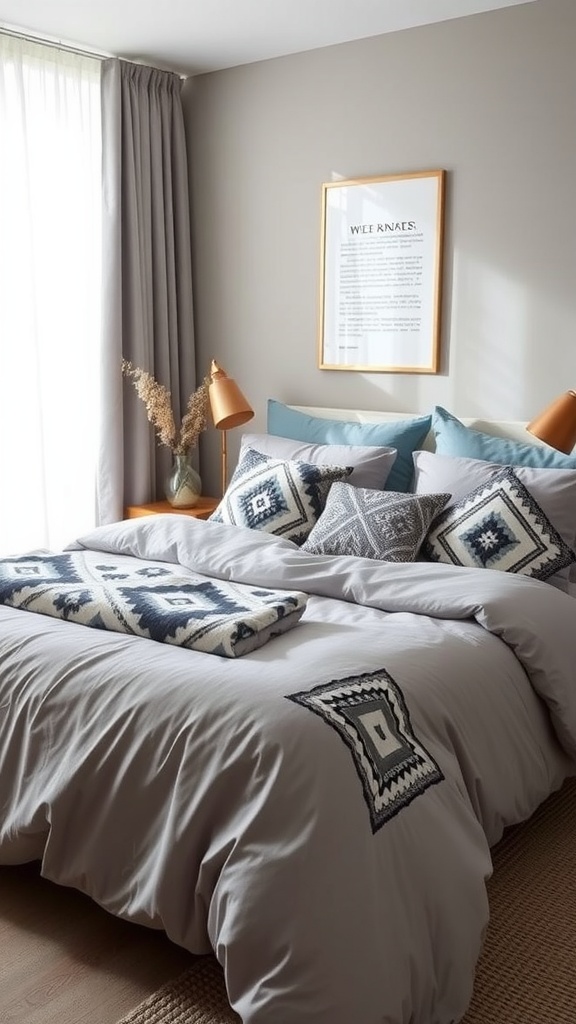 A stylish bedroom featuring grey bedding with contemporary geometric prints and decorative cushions.
