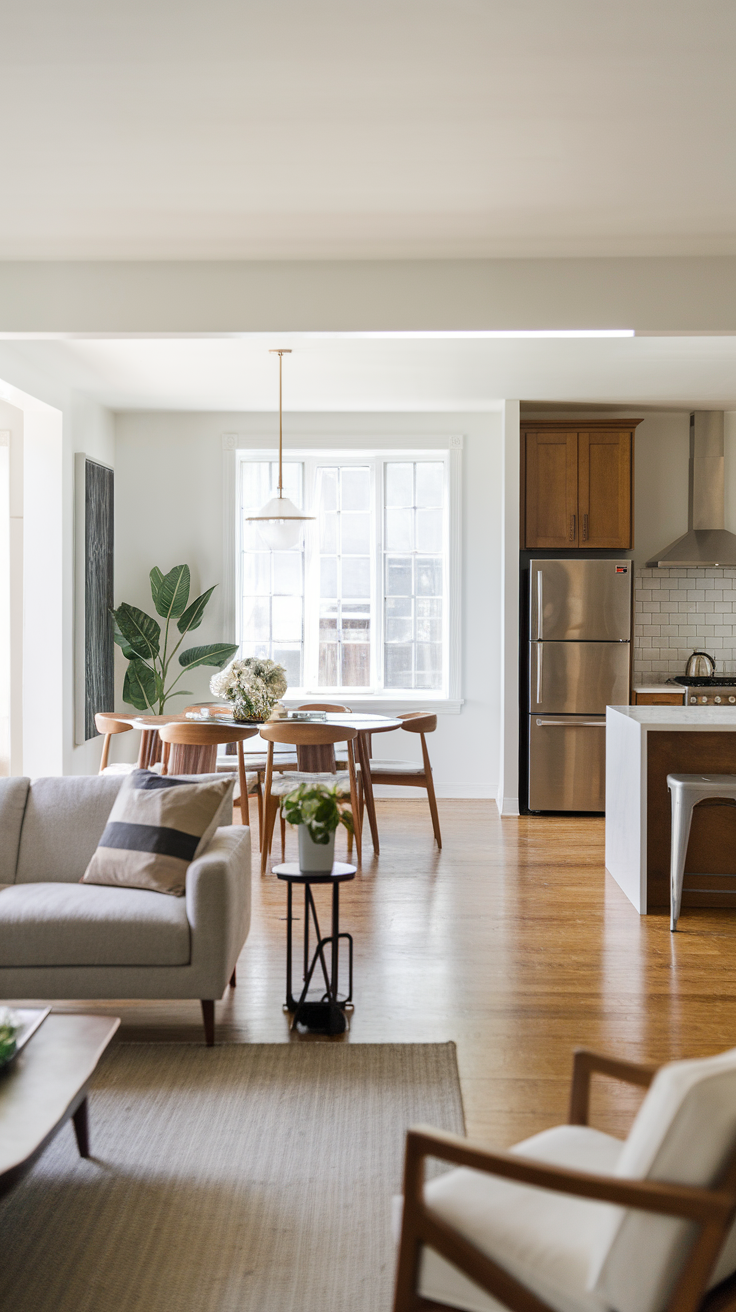 A bright and airy open concept living space featuring a cozy sofa, dining table, and modern kitchen.