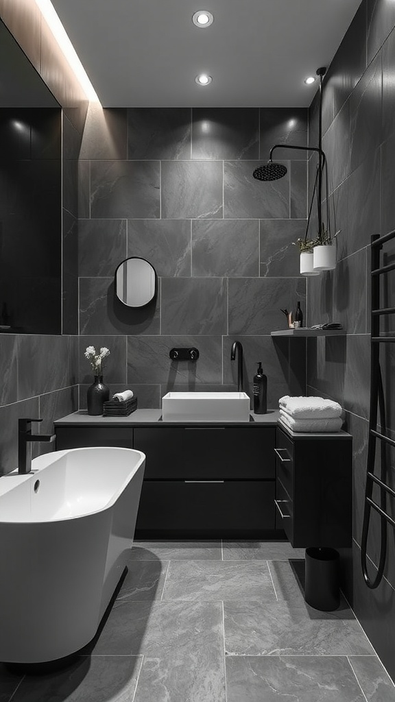 A stylish grey bathroom featuring dark and light shades, with modern fixtures and a freestanding bathtub.