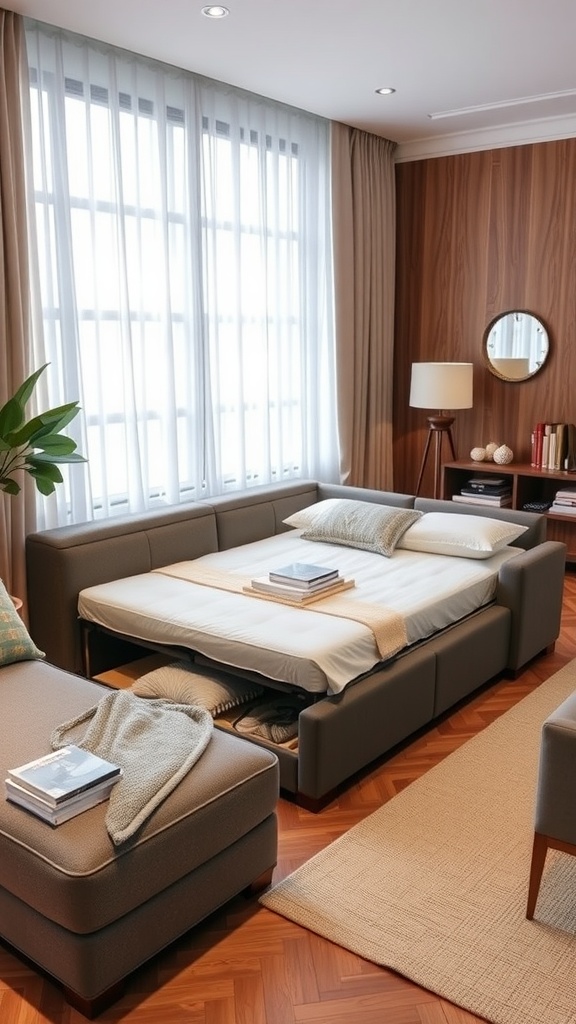 Convertible sofa bed with storage compartment, partially opened, showcasing a stylish design and wooden accents.