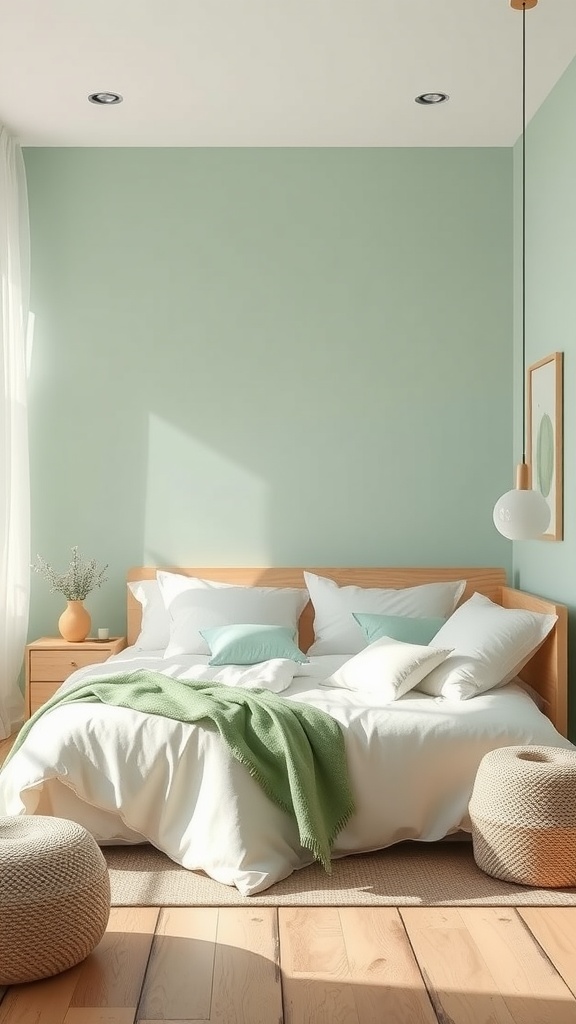 A serene bedroom featuring cool mint green walls, a wooden bed with layered bedding, and a cozy throw.