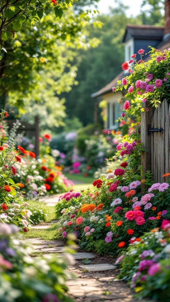 A beautiful cottage-style garden with a stone pathway bordered by vibrant flowers in various colors