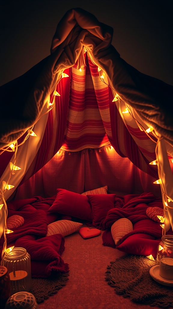 Cozy blanket fort decorated with fairy lights and red pillows.