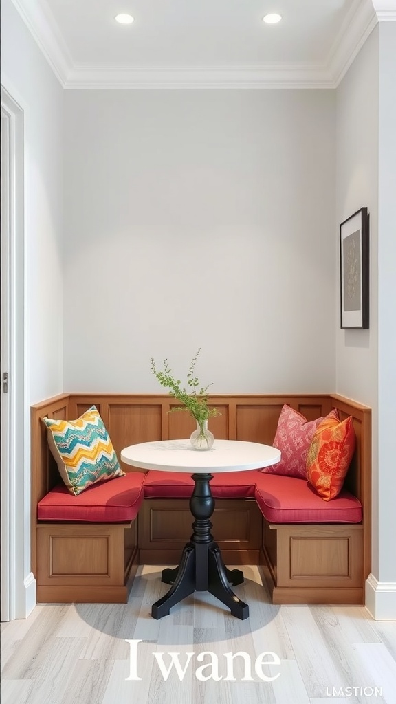 Cozy built-in dining nook with cushions and a small table.