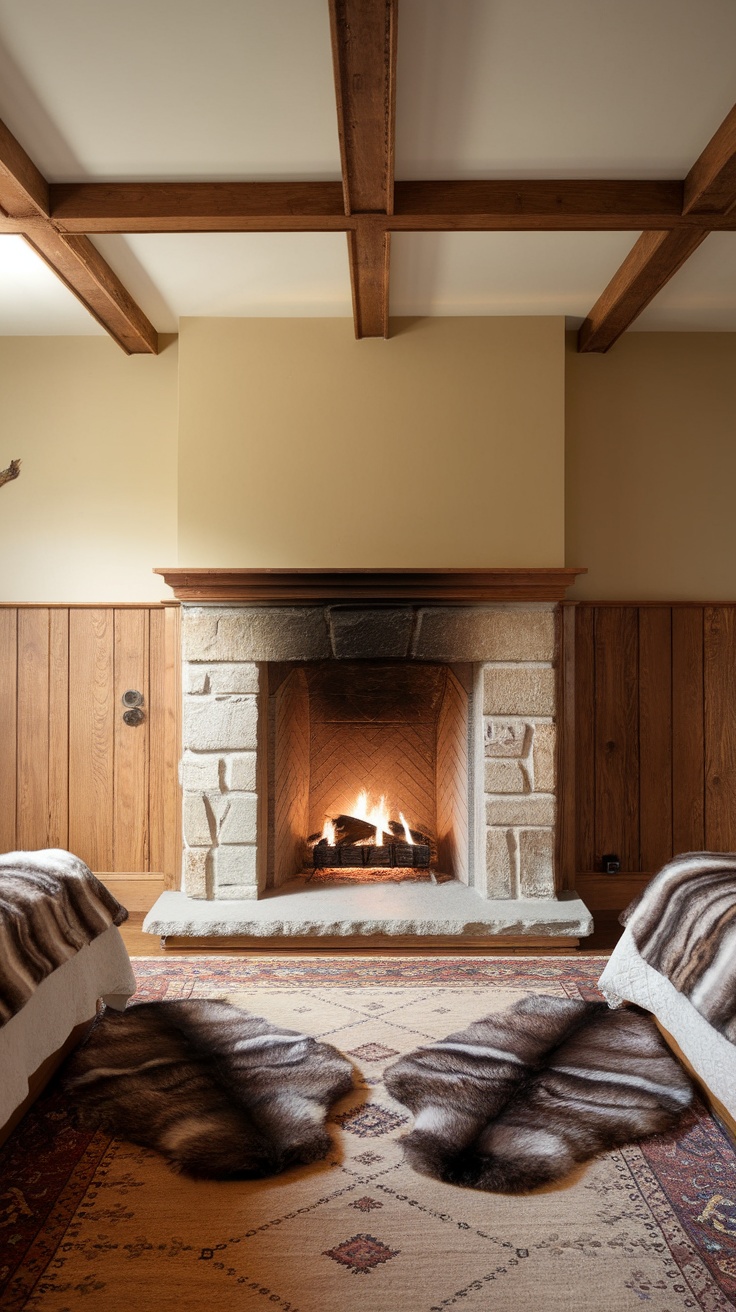 A cozy rustic bedroom featuring a stone fireplace, wooden beams, and fur rugs.