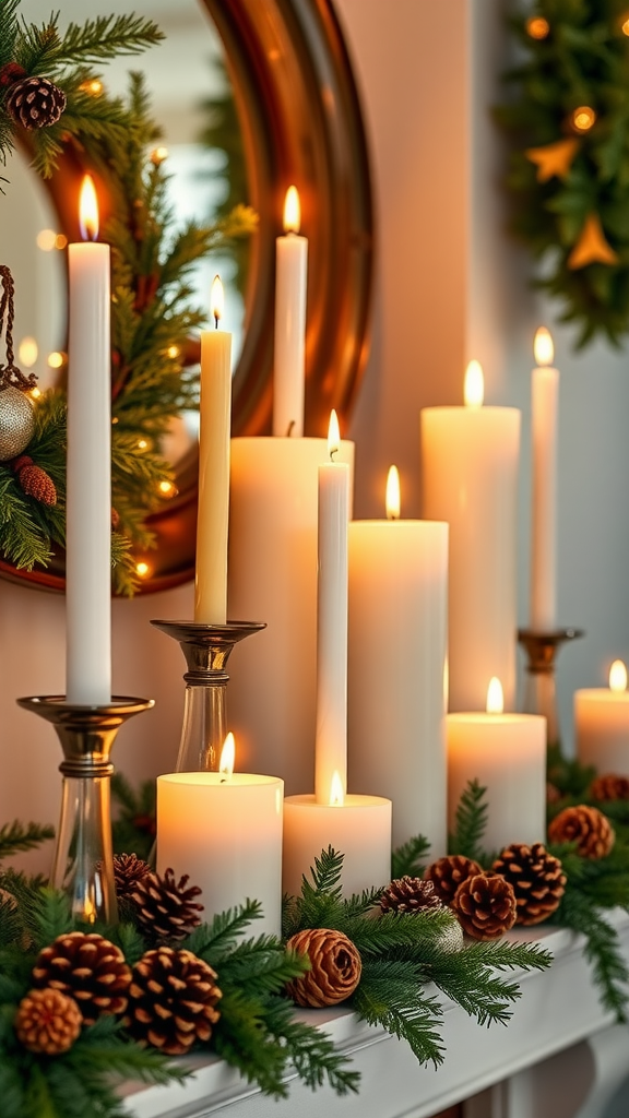 A cozy arrangement of candles with greenery and pinecones for Christmas decoration.