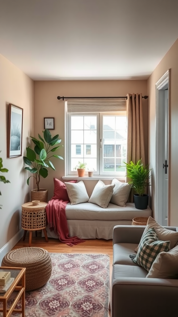 A cozy corner nook with a comfortable sofa, plants, and decorative pillows.