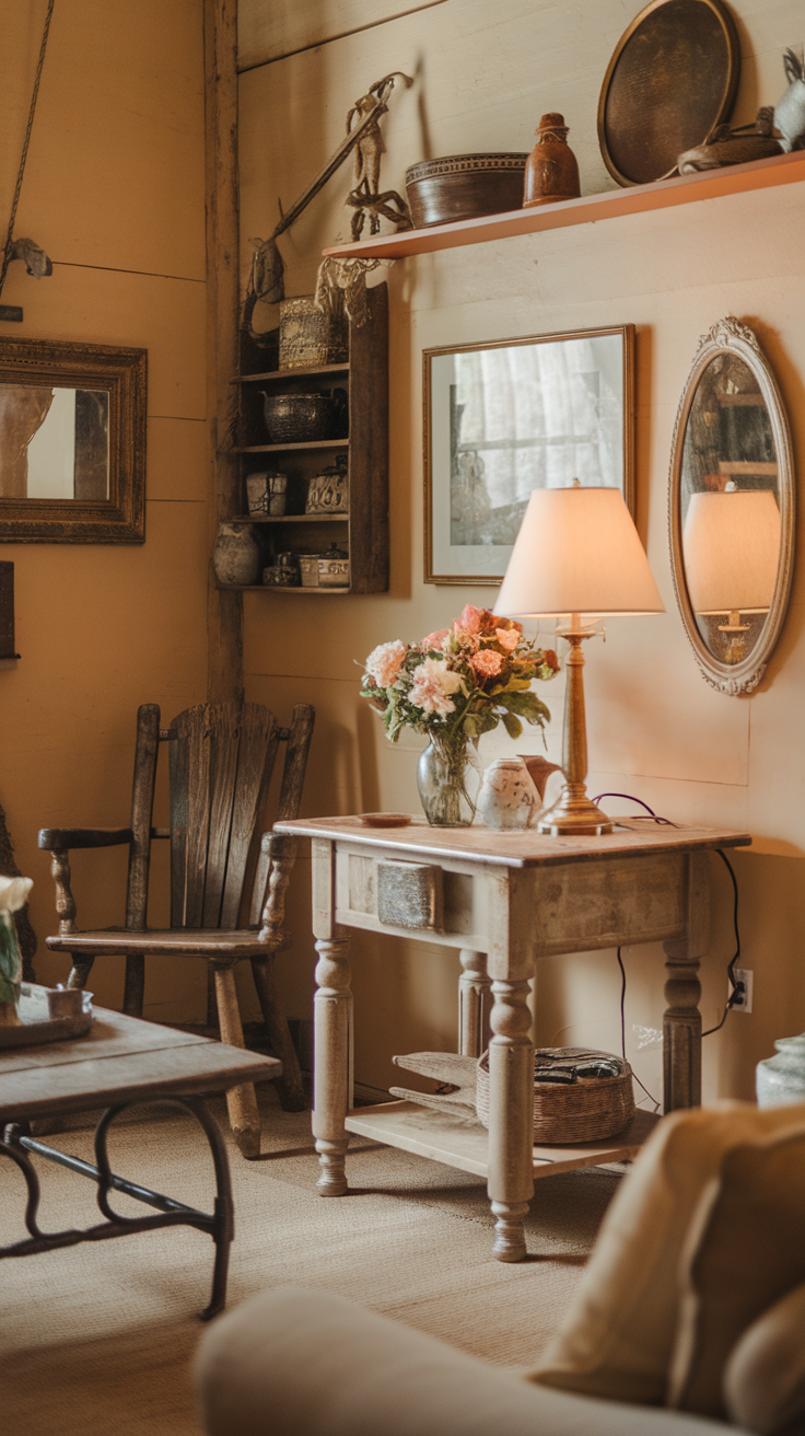 Cozy interior of a farmhouse featuring vintage furniture and warm lighting.