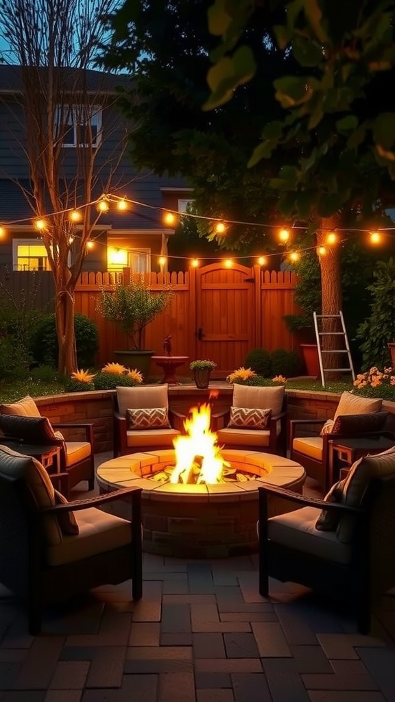 Cozy fire pit area with seating and string lights