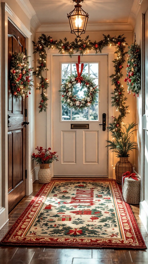 A cozy hallway decorated for Christmas with a festive floor mat and greenery.