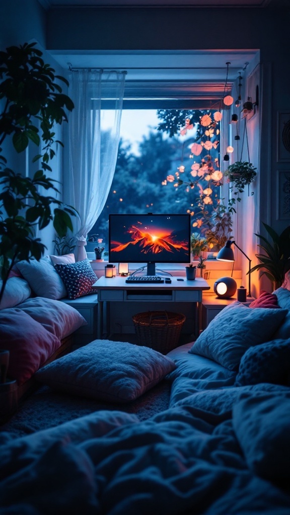 A cozy gaming nook with a computer monitor, soft pillows, and warm lighting.