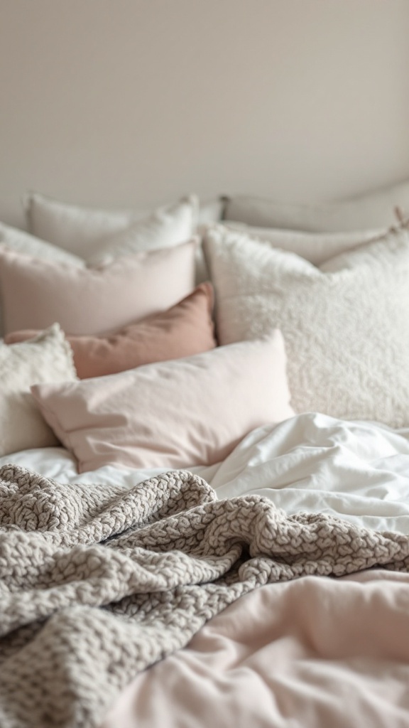 A cozy bed with layered bedding and decorative pillows in soft colors.