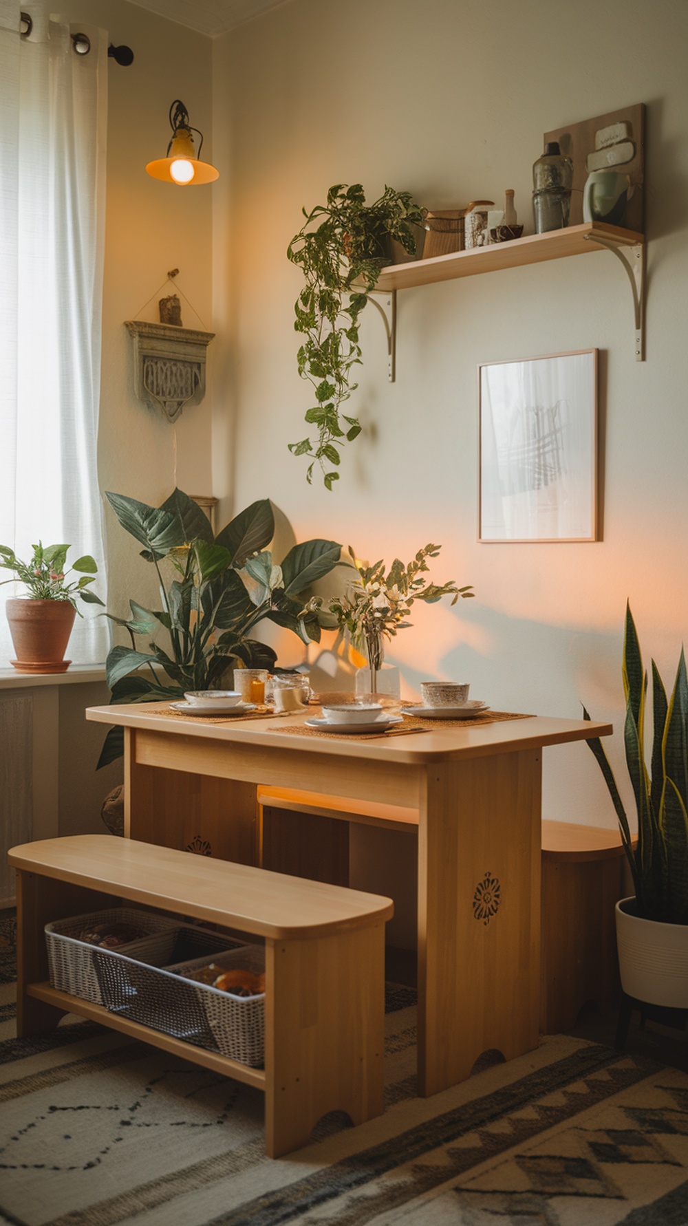 Cozy dining area with a wooden table, bench seating, and plants