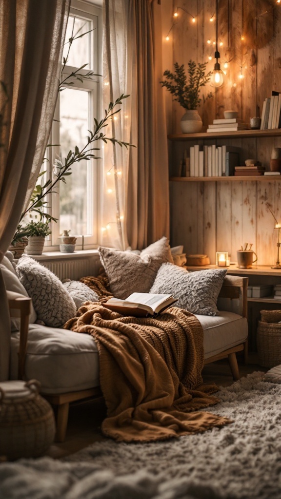 A cozy reading nook featuring a soft couch with pillows, a warm throw blanket, books on a shelf, fairy lights, and a plant by the window.