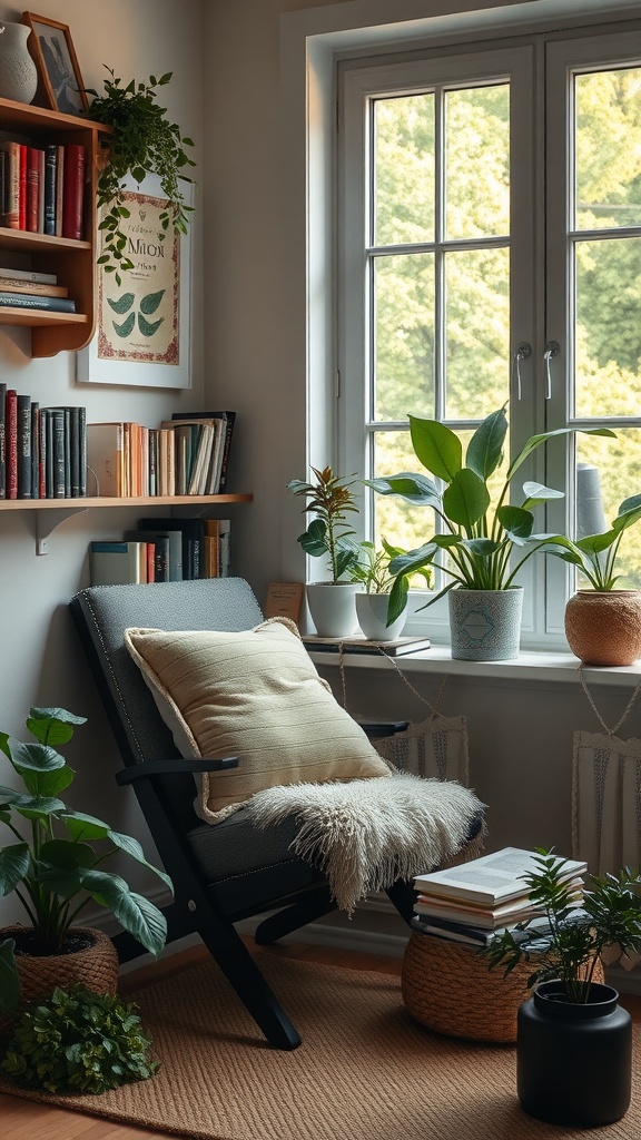 A cozy reading nook by a window, featuring a comfortable chair, soft pillow, bookshelves, and plants.