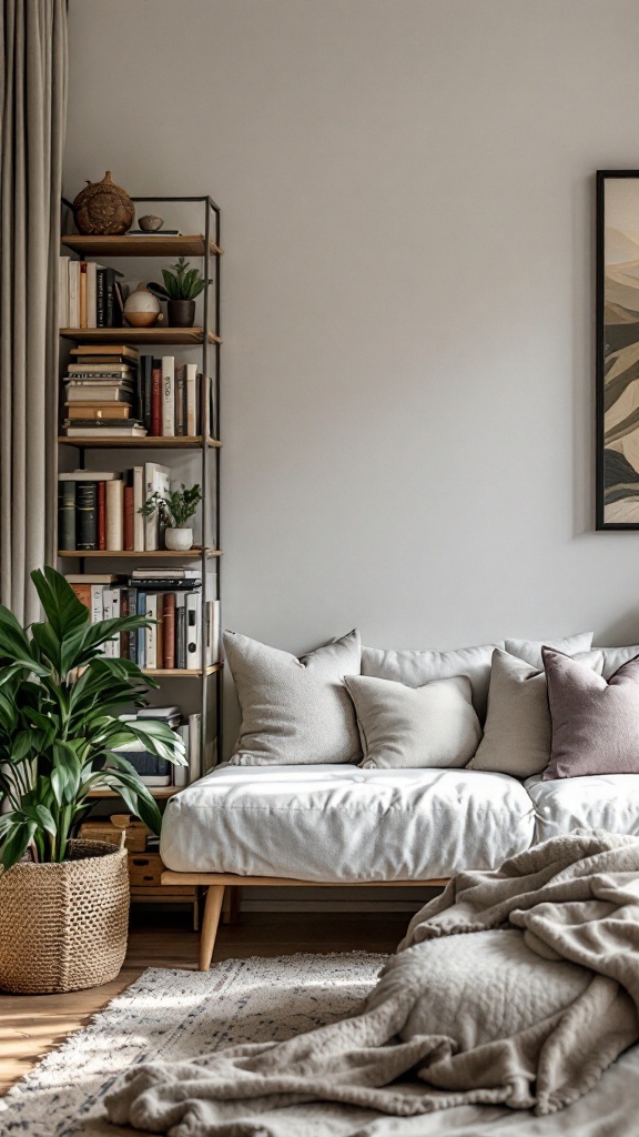 Cozy reading nook featuring a light couch, pillows, bookshelves with books and decor, and a plant.