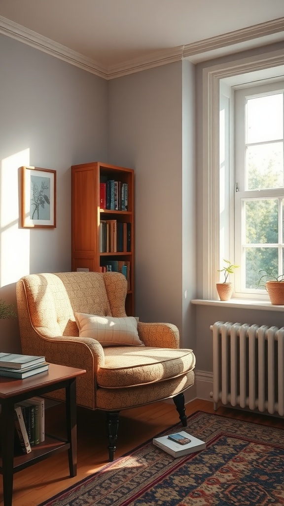 Cozy reading nook with an armchair, bookshelf, and natural light from a window