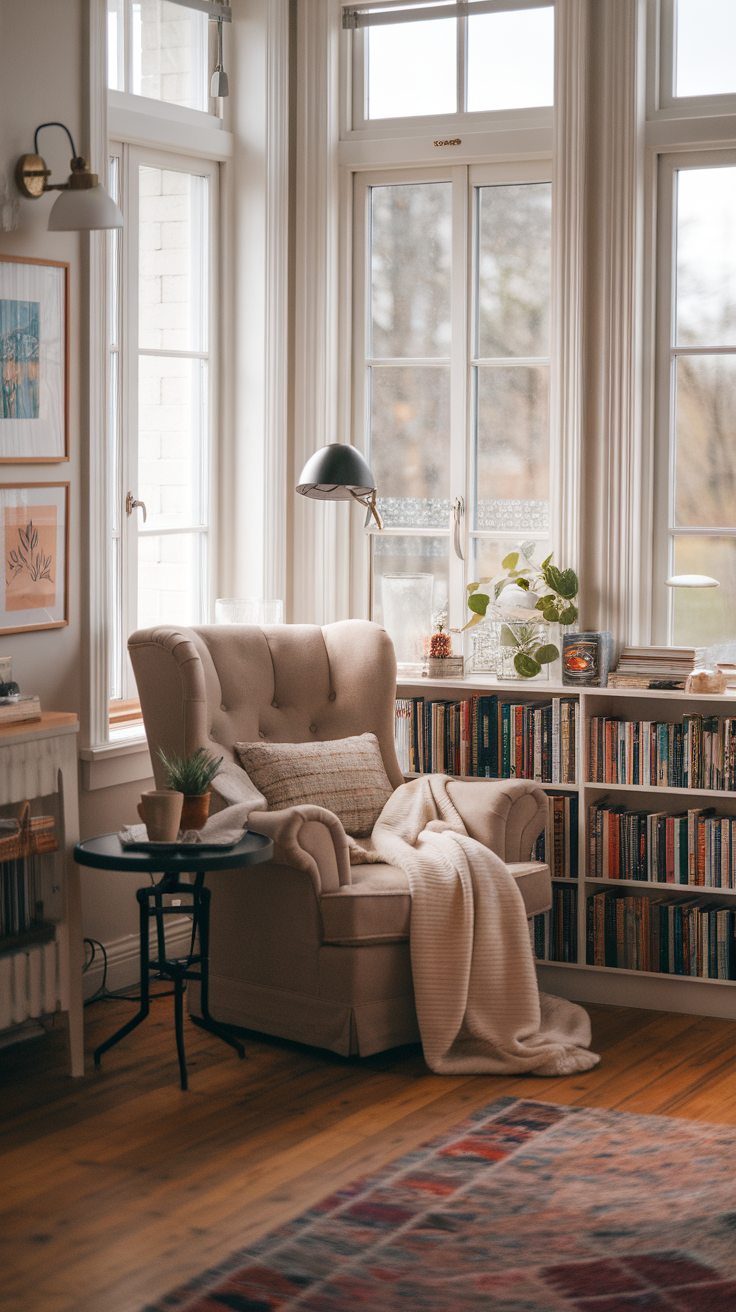 A cozy reading nook with a comfortable chair, bookshelves filled with books, and natural light coming through the windows.