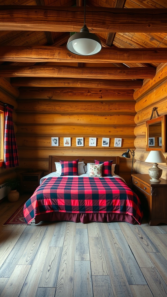A rustic bedroom with red and black checkered bedding, wooden walls, and a cozy atmosphere.