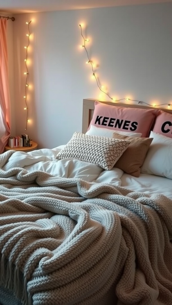 A cozy bedroom featuring a bed with a chunky knit blanket, soft pillows, and warm fairy lights.