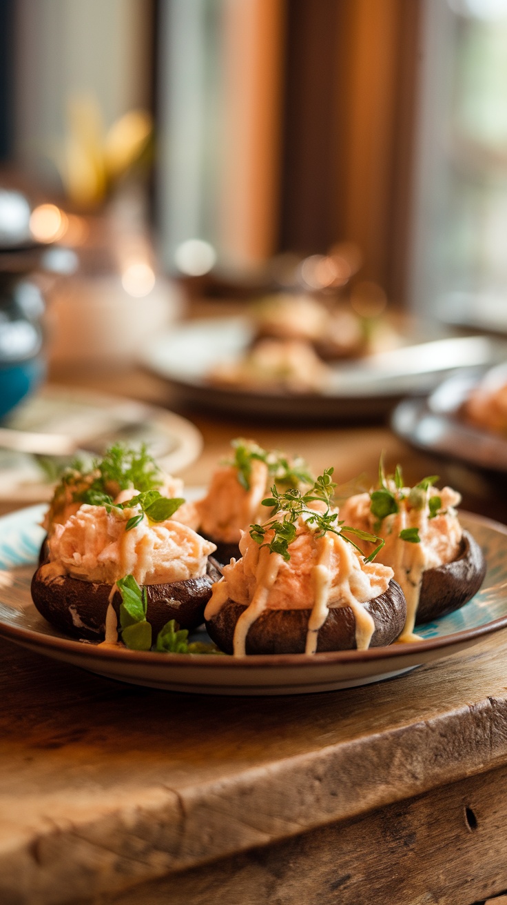 Crab-Stuffed Portobello Mushrooms on a plate, garnished with herbs.