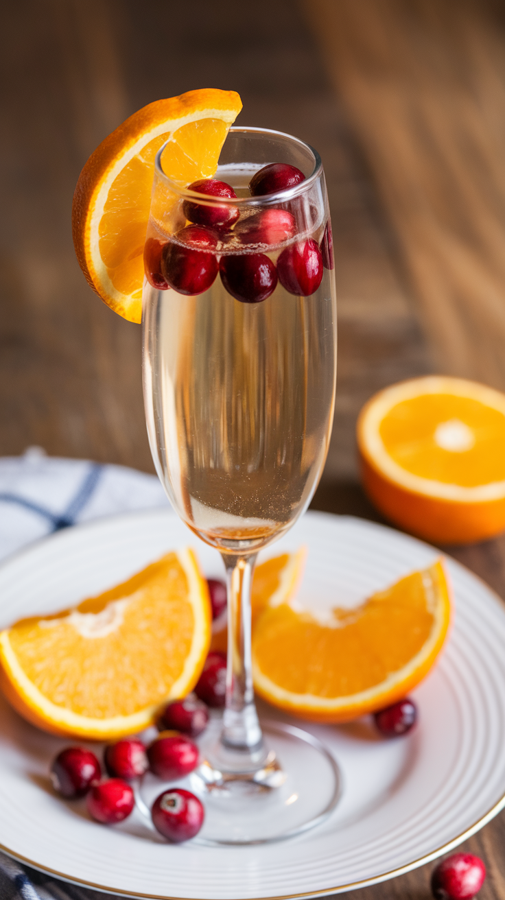 A sparkling cranberry orange mimosa garnished with orange slices and cranberries, served in a flute glass.