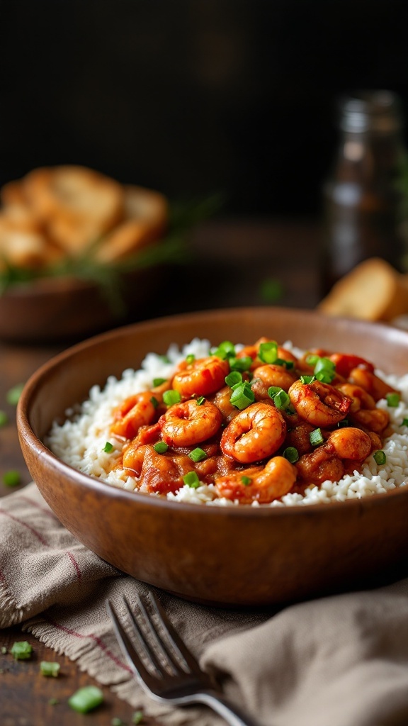 A delicious bowl of crawfish étouffée served over rice, garnished with green onions.