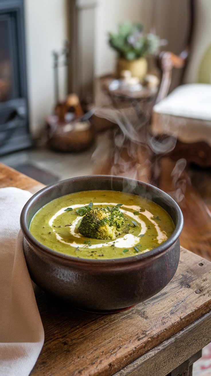 A bowl of creamy broccoli soup garnished with broccoli and herbs, served on a rustic wooden table.