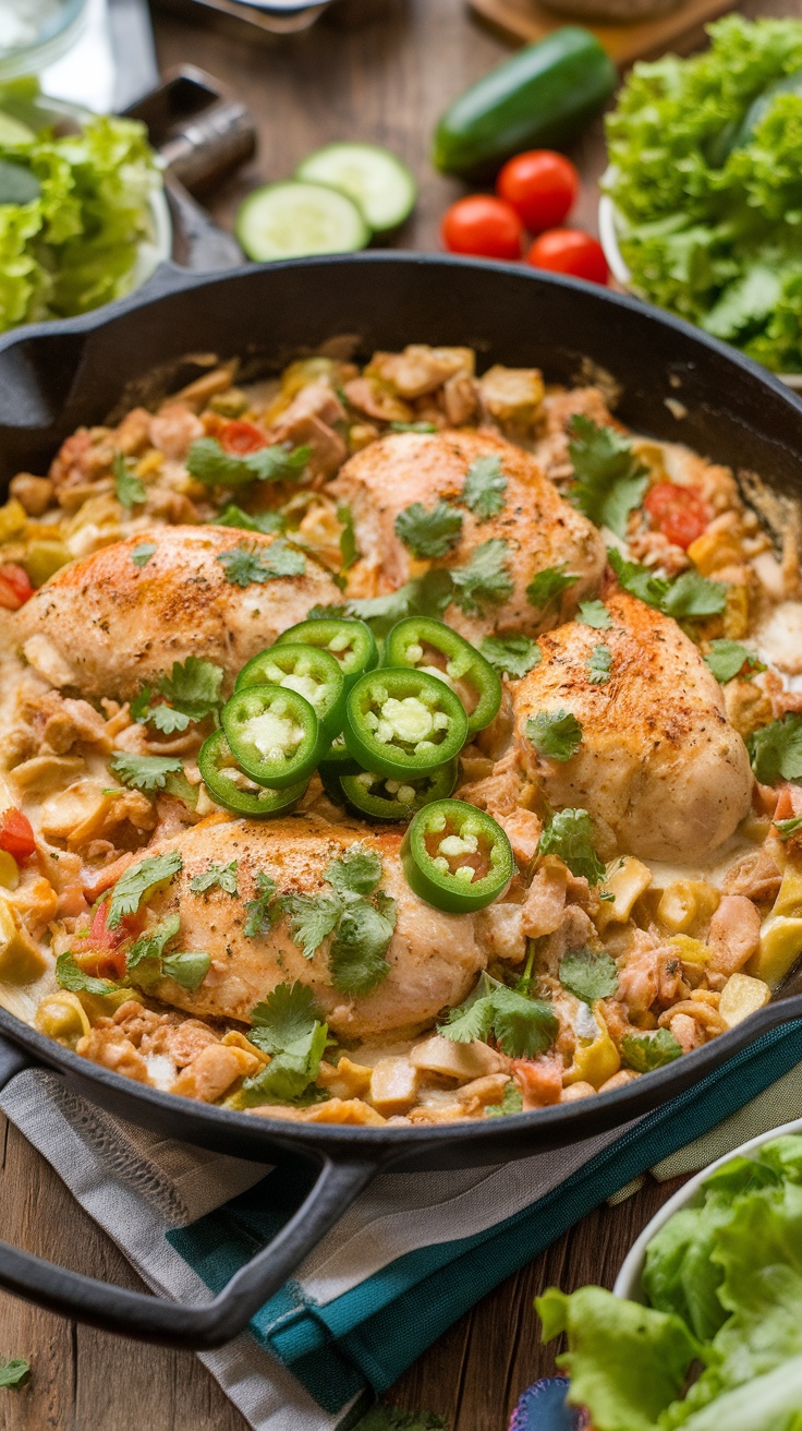 Creamy Jalapeño Chicken Skillet in a cast iron pan with fresh veggies