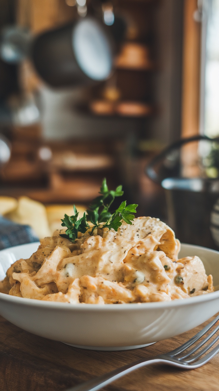 A bowl of creamy chicken alfredo pasta garnished with parsley.