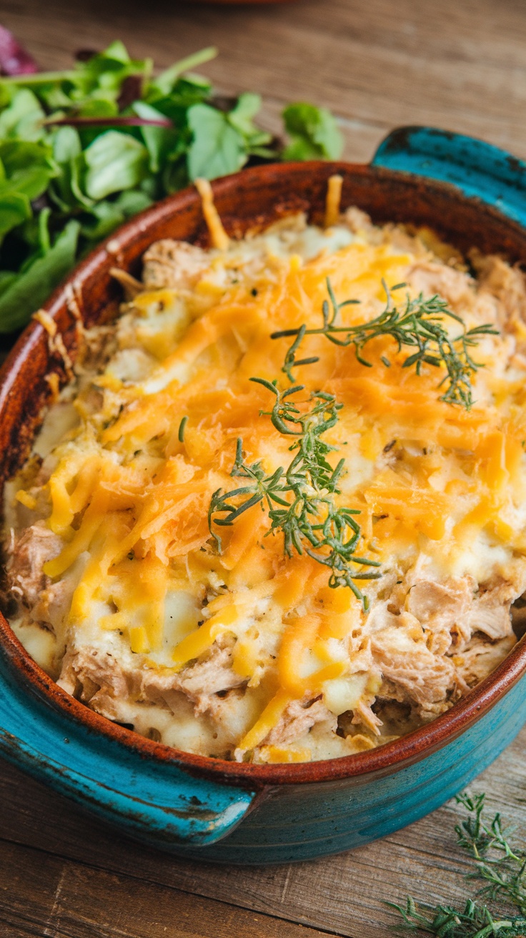 A creamy keto tuna casserole topped with cheese and fresh herbs, baked in a blue dish.