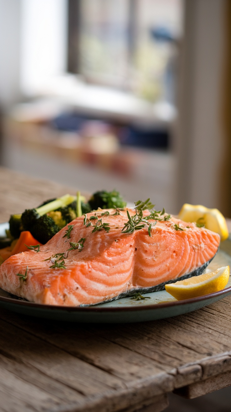 Plate of creamy lemon garlic salmon with broccoli and lemon wedges