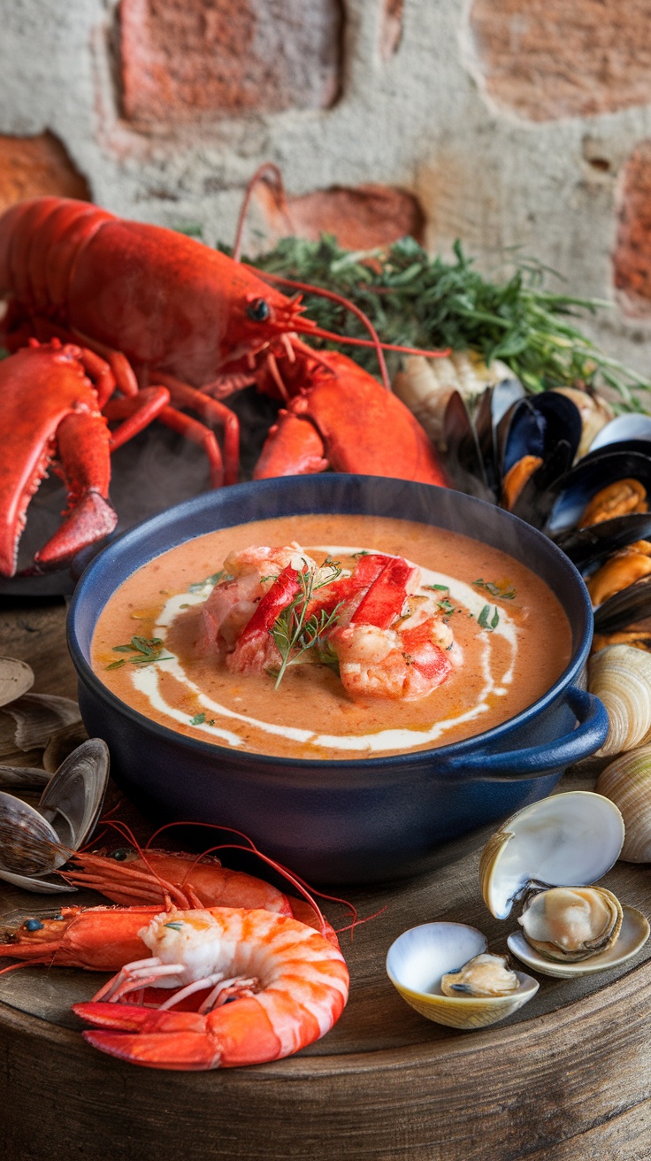 A bowl of creamy lobster bisque with lobster pieces, surrounded by fresh seafood ingredients.