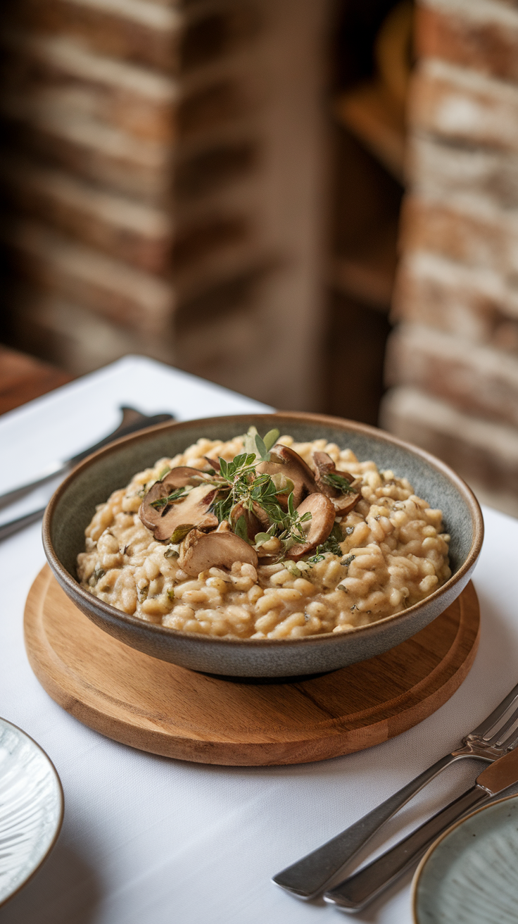 A bowl of creamy mushroom risotto topped with fresh herbs, sitting on a wooden plate.