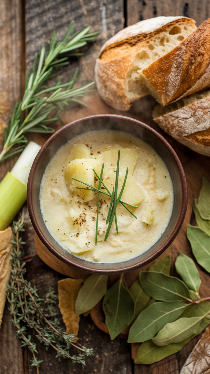 A bowl of creamy potato leek soup with fresh herbs and crusty bread on the side.