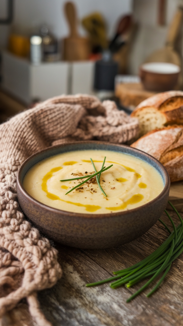 A bowl of creamy potato soup garnished with chives and olive oil.