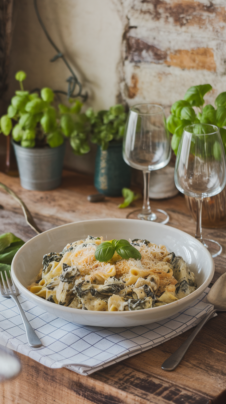 Creamy Spinach and Artichoke Pasta in a bowl on a wooden table